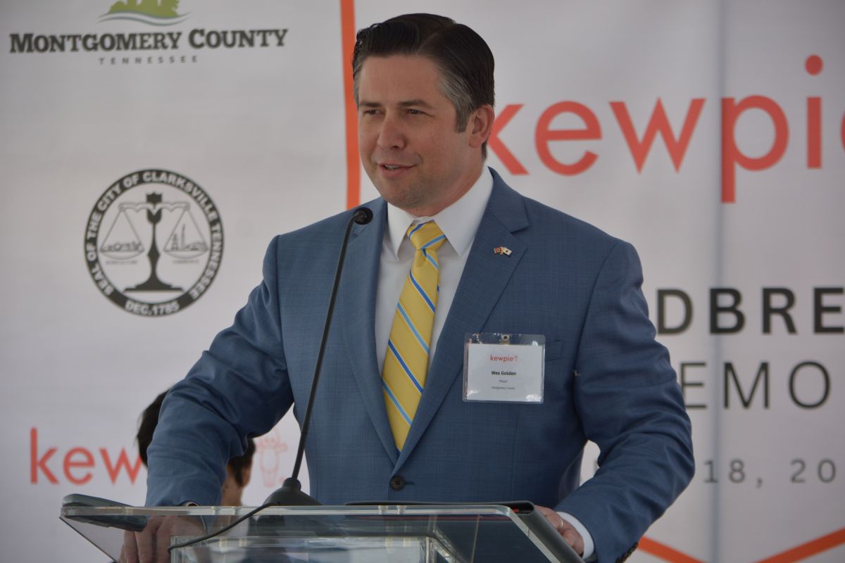 Montgomery County Mayor Wes Golden speaking at the groundbreaking ceremony for the new Q&B Foods, Kewpie, facility in Clarksville on Apr. 18, 2023. (Lee Erwin)