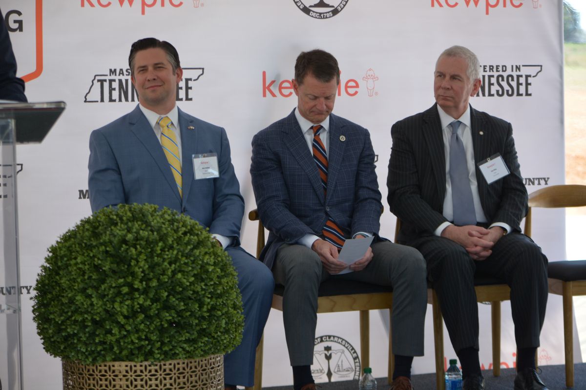Mayor Wes Golden, Tennessee Commissioner Stuart McWhorter, Mayor Joe Pitts, at the groundbreaking ceremony for the new Q&B Foods, Kewpie, facility in Clarksville on Apr. 18, 2023. (Lee Erwin) )